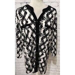 Elie McCarthy Womens Top Black White Buttondown Geometric Blouse Plus-size 2X